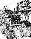 thatched cottage with drawing ink